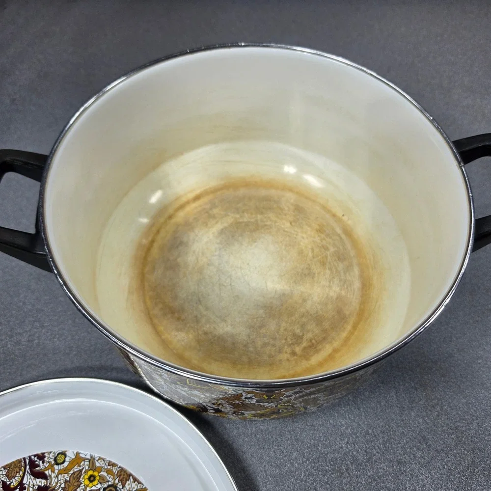 Vintage Fancipans‎ Enamelware Stockpot Set 2pc Brown Gold Paisley Floral 70s
